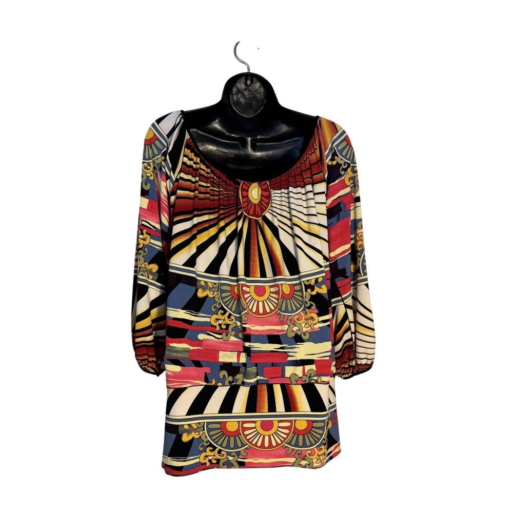 Evovorro Graphic Print Peasant Top Small Multicolor Boho Tunic 3/4 Sleeve - Picture 5 of 11